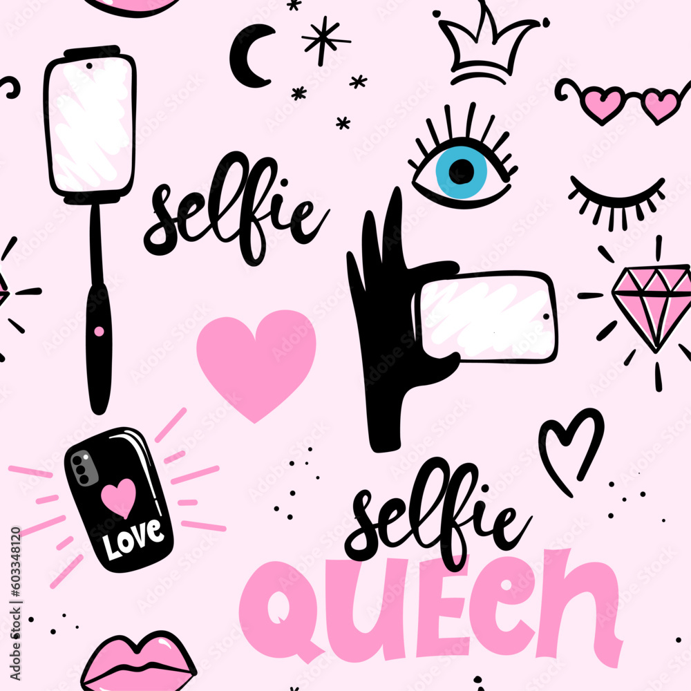 Cute Selfie Queen Elements Funny Doodle Seamless Pattern Selfie Stick Winking Eyes Hearts 2931