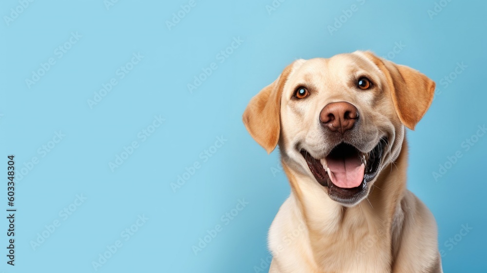 Labrador retriever dog portrait on blue background with copy space.Generative Ai Labrador retriever dog portrait on blue background with copy space.Generative Ai