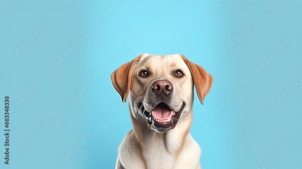 Labrador retriever dog portrait on blue background with copy space.Generative Ai Labrador retriever dog portrait on blue background with copy space.Generative Ai