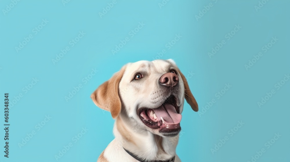 Labrador retriever dog portrait on blue background with copy space.Generative Ai