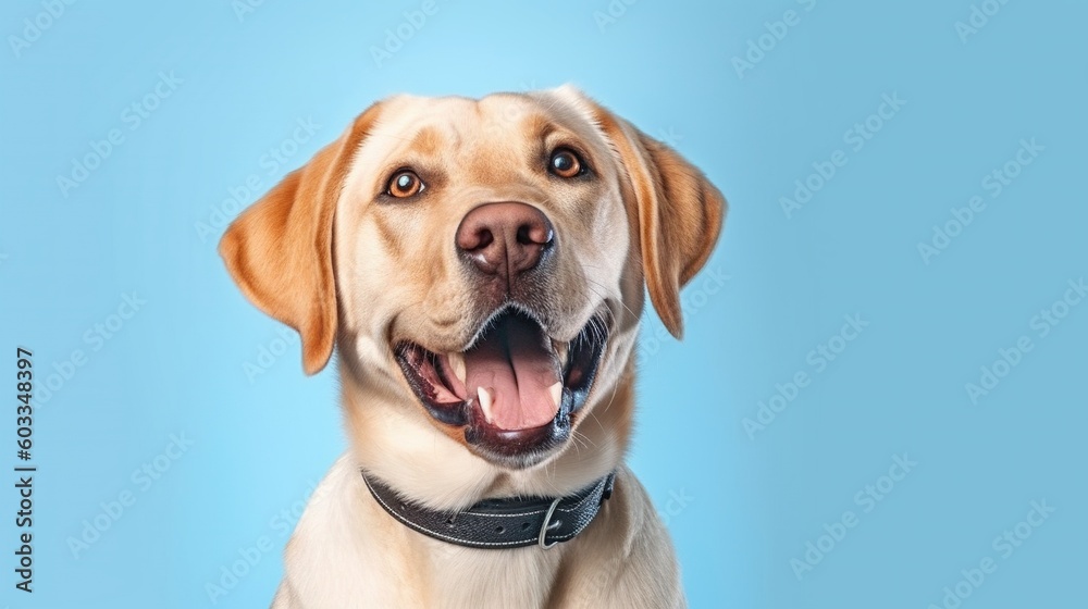 Labrador retriever dog portrait on blue background with copy space.Generative Ai Labrador retriever dog portrait on blue background with copy space.Generative Ai