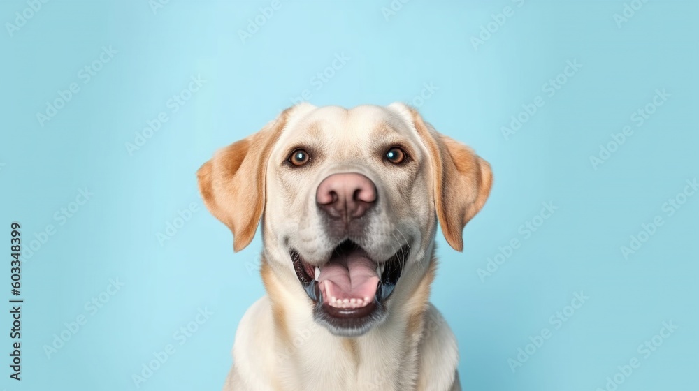 Labrador retriever dog portrait on blue background with copy space.Generative Ai Labrador retriever dog portrait on blue background with copy space.Generative Ai
