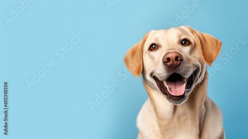 Labrador retriever dog portrait on blue background with copy space.Generative Ai