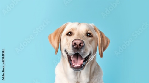 Labrador retriever dog portrait on blue background with copy space.Generative Ai © Rudsaphon