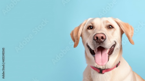 Labrador retriever dog portrait on blue background with copy space.Generative Ai