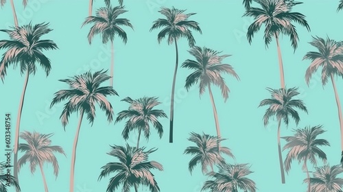 Pastel green summer pattern with fresh, palm leaves and trees. Background for hotel resort banner or advertisement. Copy space. Generative AI