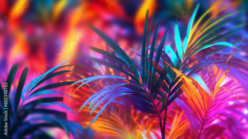 Summer party night atmosphere with palm leafs in vivid neon colors. Vaporwave. Blurred background, plant closeup. Generative AI