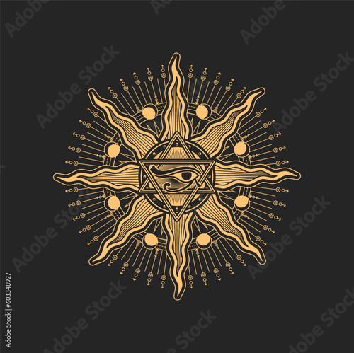Occult esoteric pentagram sign with egyptian Horus eye in David star with moon phases and radiant sun rays inside of circle. Vector spiritual magic emblem, isolated alchemy, wiccan or pagan symbol