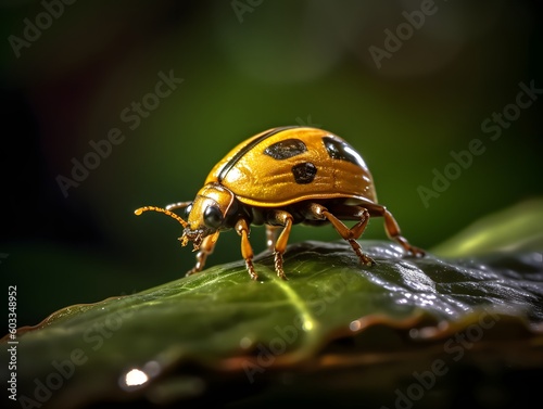 Golden Tortoise Beetle Perched on Amazon Rainforest Leaf photo