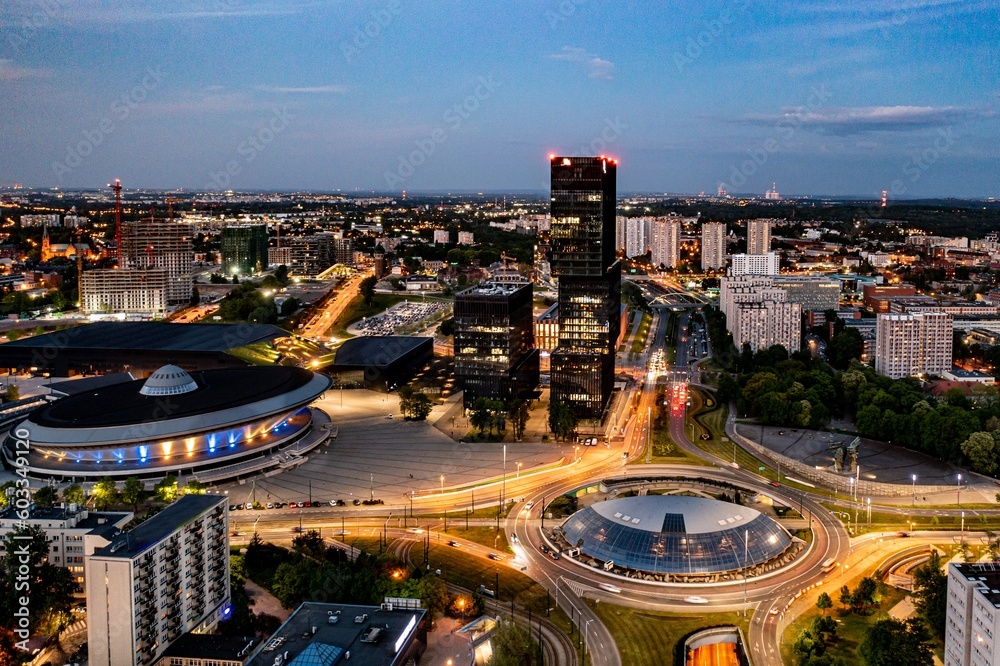 Obraz na płótnie Aerial drone photo of Katowice centre with roundabout and modern office towers at evening. Katowice, Silesia, Poland w salonie