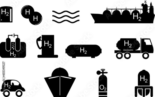 Vektor Icon Set - H2 Wasserstoff Technologie, Herstellung, Speicherung und Transport