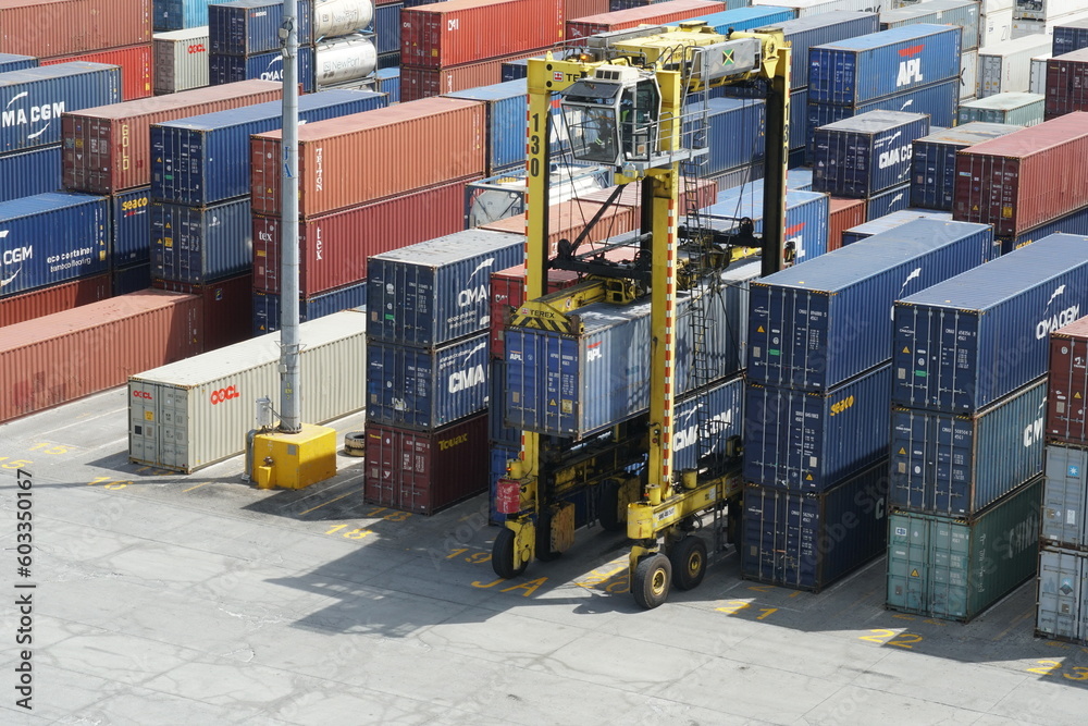 Kingston, Jamaica 05 04 2023 Straddle carrier in Kingston port is