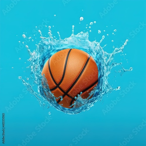 Basketball on a blue background with water splash. Generative AI