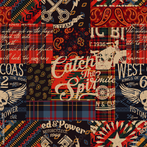 Bandana paisley native motifs and tartan plaid fabric with typography graphic patchwork abstract vector seamless pattern