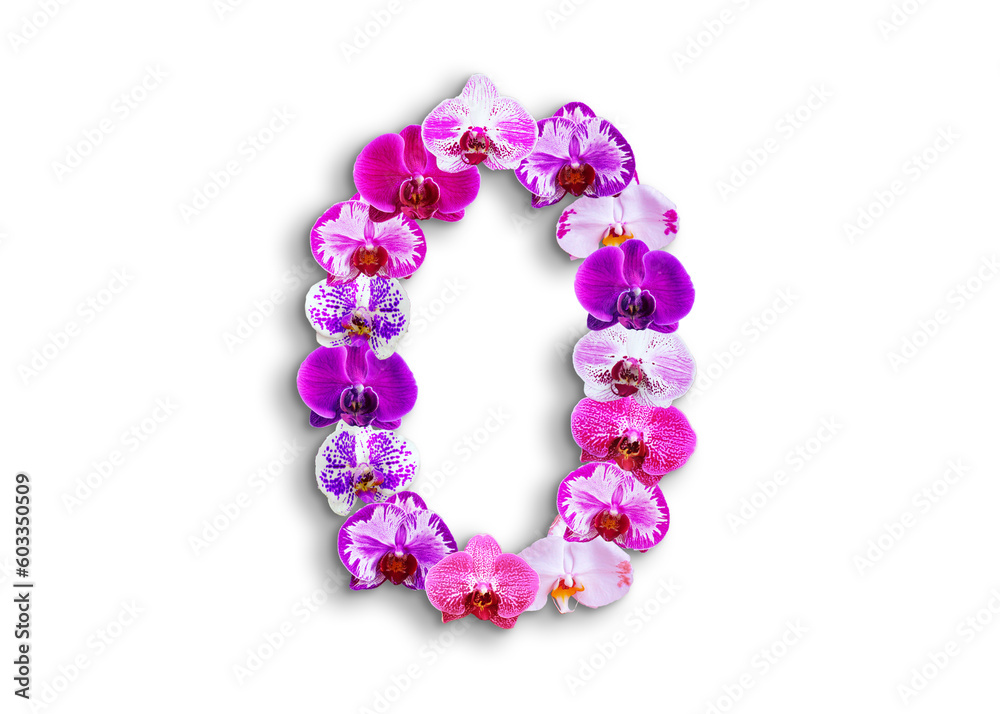 The shape of the number 0 is made of various kinds of orchid flowers.