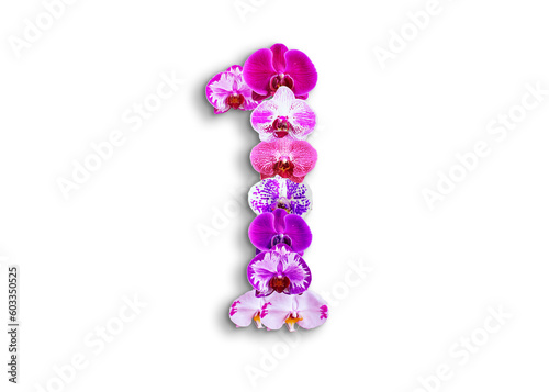 The shape of the number 1 is made of various kinds of orchid flowers. suitable for birthday, anniversary and memorial day templates