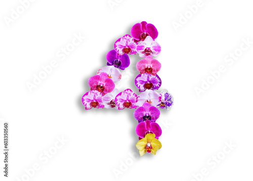 The shape of the number 4 is made of various kinds of orchid flowers. suitable for birthday, anniversary and memorial day templates