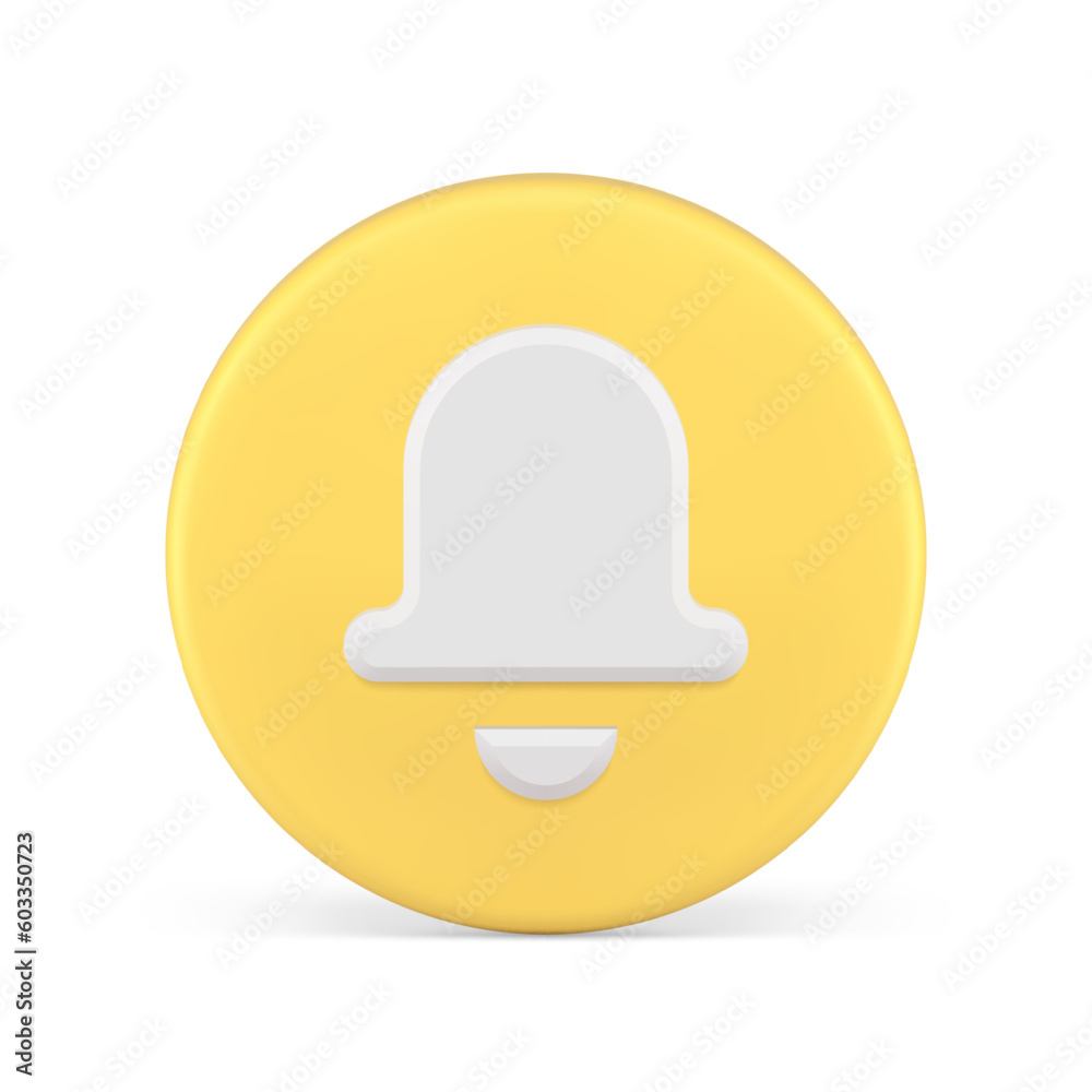 Fototapeta premium Sound alert notification ring bell circle yellow button signal reminder 3d icon realistic vector