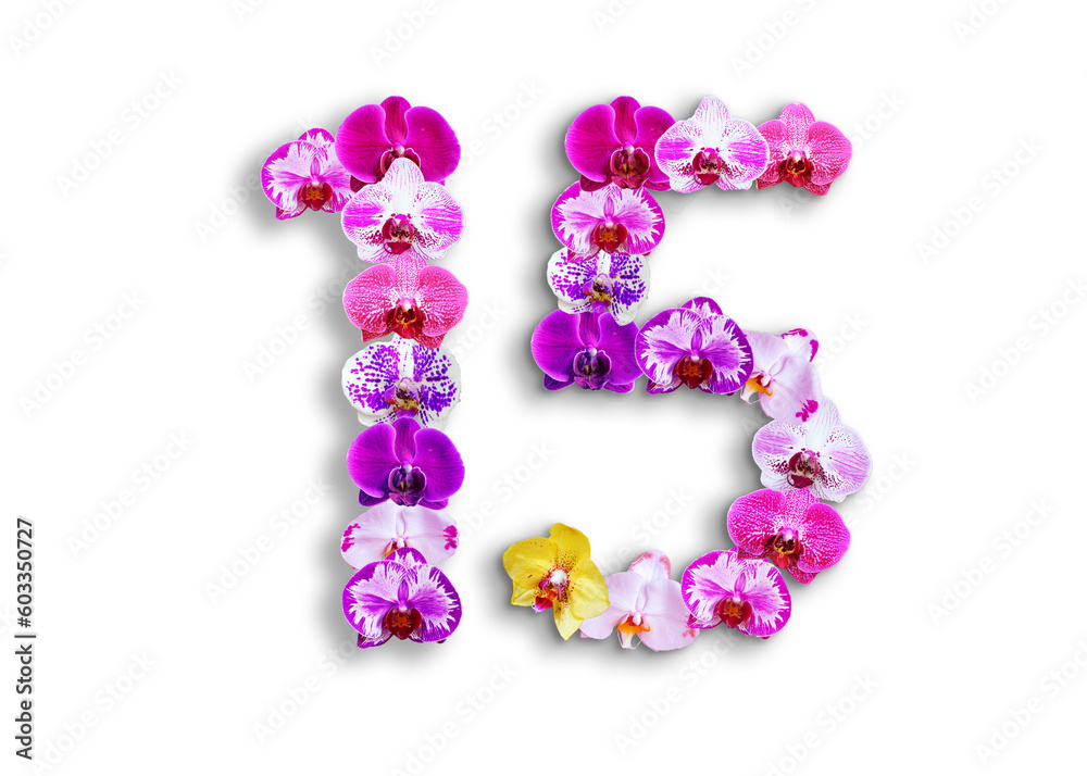 The shape of the number 15 is made of various kinds of orchid flowers. suitable for birthday, anniversary and memorial day templates