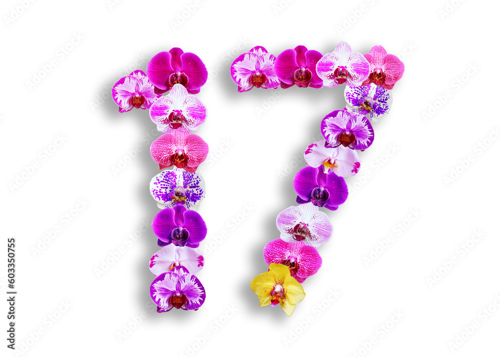 The shape of the number 17 is made of various kinds of orchid flowers. suitable for birthday, anniversary and memorial day templates