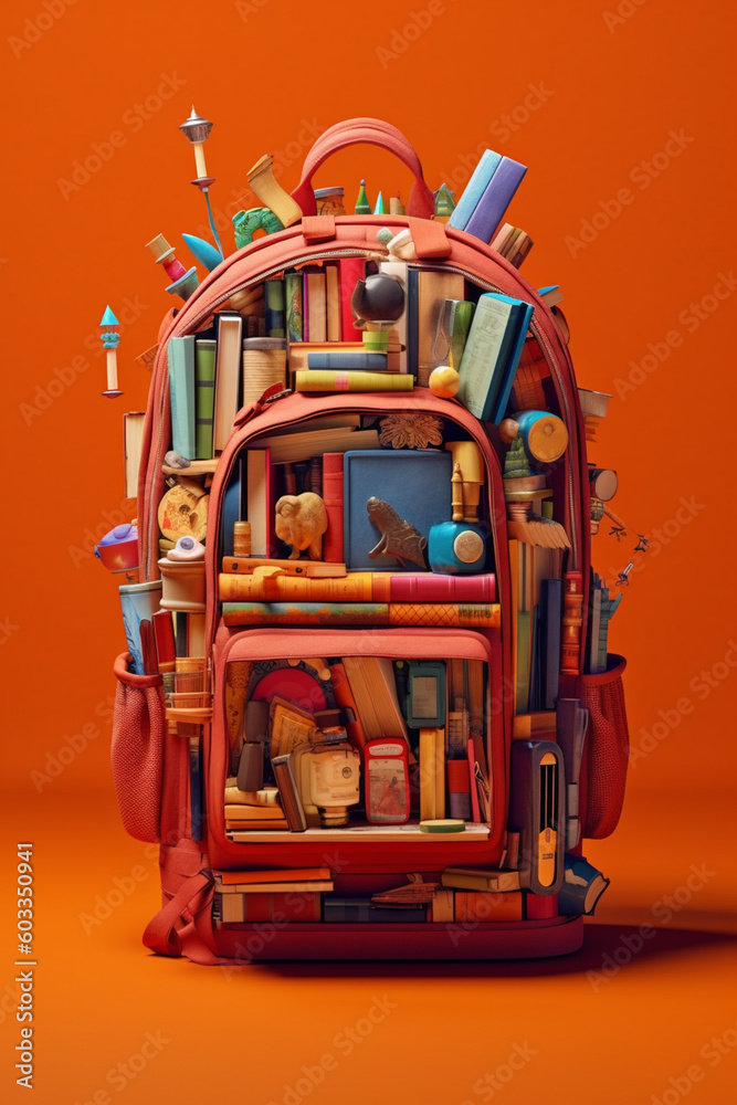 A charming paper-cut artwork of a backpack overflowing with books and ...
