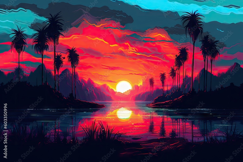 3d sunset on the beach. Retro palms sci fi background with ocean. Sun reflection in water. Futuristic landscape 1980s style. Digital landscape cyber surface. 80s party background. Generative ai - obrazy, fototapety, plakaty 