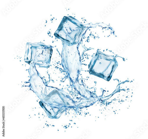 Frozen ice cubes in water splashes, realistic liquid wave and transparent crystals. Isolated 3d vector refreshing swirl with iced blocks and melting droplets. Cocktail, fresh drink and icy pieces