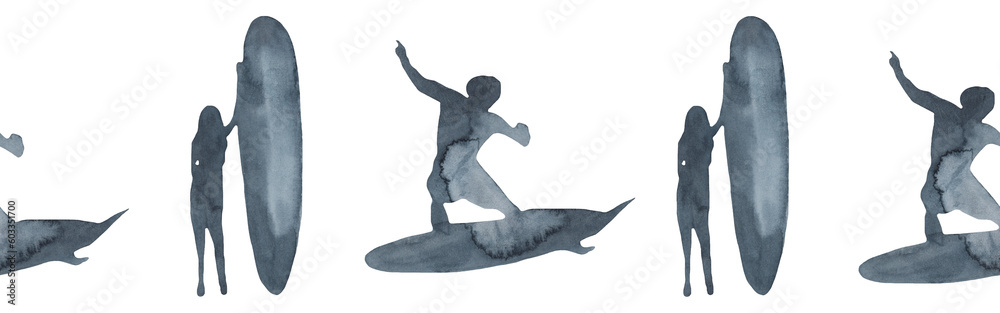 Surf man and woman decorative elements border man riding on surfboard over waves isolated silhouette blue illustration on white background. Surf man and woman decorative elements border man riding on surfboard over waves isolated silhouette blue illustration on white background.