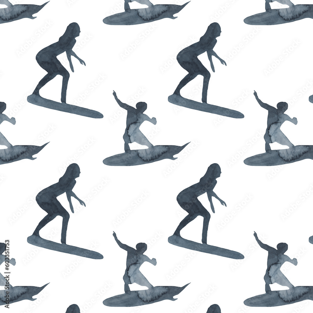 Surf boy and woman decorative pattern with people riding on surfboard over waves flat isolated flat illustration on white background.