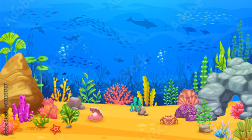 Cartoon underwater sea landscape. Game level vector background of sea, ocean and aquarium bottom scene. Undersea world of blue water waves with fish, corals and seaweeds, dolphins, sea turtles, crab