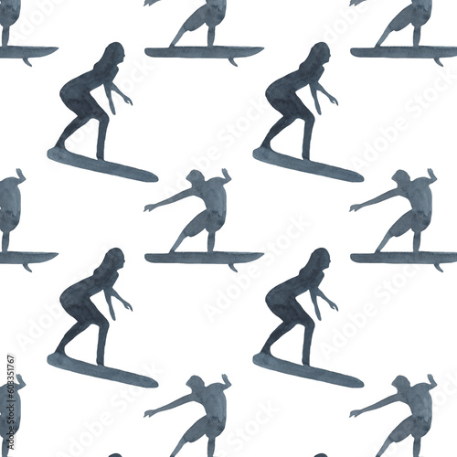 Surf boy and woman decorative pattern with people riding on surfboard over waves flat isolated flat illustration on white background.