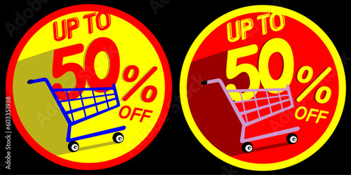 Sale tag 50% fifty per cent all items. two examples, labels.