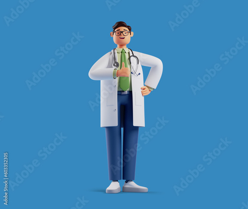 3d render, full height cartoon character, smart proud confident doctor wears glasses and shows thumb up, isolated on blue background. Social approval like gesture. photo