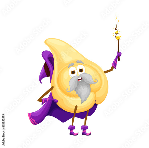 Cartoon Halloween italian pasta wizard character. Isolated vector tortellini personage with magic wand, witch hat and cape, with comical expression on face, adding fun touch to the holiday festivities