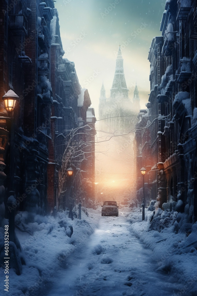 a frozen city street, with buildings, streetlights, and vehicles ...