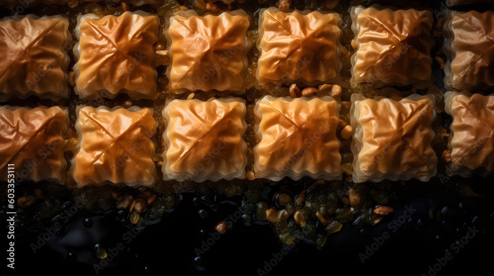 Baklava Delicate Layers of Pastry with Nut Filling, Drizzled with Sweet Syrup, a Irresistible Dessert from Middle Eastern Cuisine. generative ai Baklava Delicate Layers of Pastry with Nut Filling, Drizzled with Sweet Syrup, a Irresistible Dessert from Middle Eastern Cuisine. generative ai