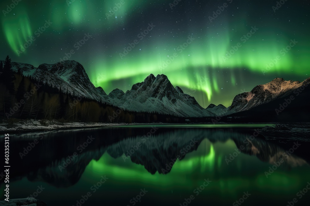 Green northern lights in mountains above lake. Generative AI