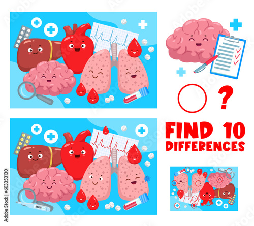 Find ten differences quiz. Cartoon human body organ characters. Difference search kids game, objects comparing child quiz vector worksheet with liver, brain, heart and lungs happy organs personages