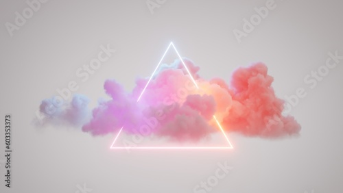3d rendering, abstract pastel background of colorful cloud and neon linear triangle, minimalist fantastic geometric wallpaper