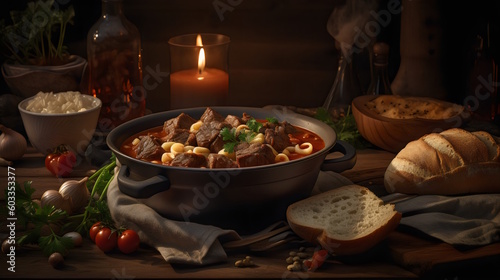 Beef Goulash Hearty and Flavorful Hungarian Dish with Tender Beef, Paprika, and Slow-Cooked Vegetables, Served on a Dinner Table, a Satisfying and Comforting Meal. generative ai