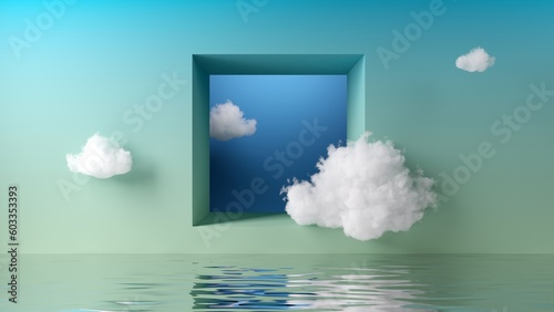 Quadro su tela 3d render, abstract fantasy surreal background with square window in the blue wall and white clouds flying above the water