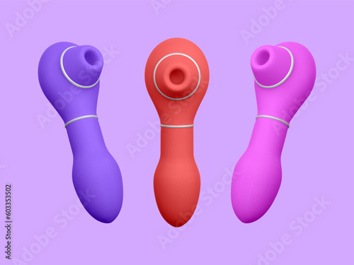 Set of 3d realistic clitoral stimulator isolated on light background. Sex shop banner with sex toys for women. Vector illustration