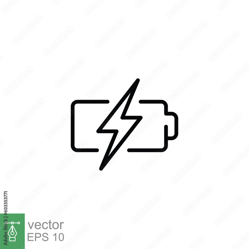 Battery charging icon. Simple outline style. Recharge, lithium, charge, capacity, energy, power, technology concept. Thin line symbol. Vector illustration isolated on white background. EPS 10. Battery charging icon. Simple outline style. Recharge, lithium, charge, capacity, energy, power, technology concept. Thin line symbol. Vector illustration isolated on white background. EPS 10.