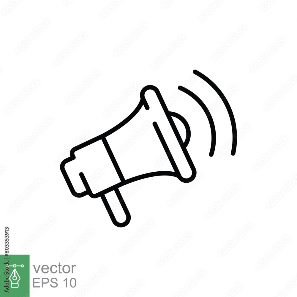 Megaphone icon. Simple outline style. Loudspeaker, bullhorn, broadcast, noise, loud speaker, marketing, business concept. Thin line symbol. Vector illustration isolated on white background. EPS 10. Megaphone icon. Simple outline style. Loudspeaker, bullhorn, broadcast, noise, loud speaker, marketing, business concept. Thin line symbol. Vector illustration isolated on white background. EPS 10.