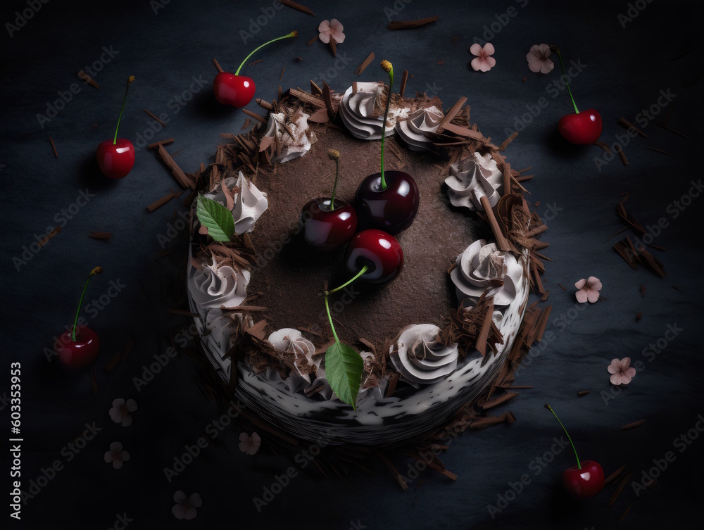 Black Forest Chocolate Cake with Layers of Cream and Garnished with Red Cherries. generative ai