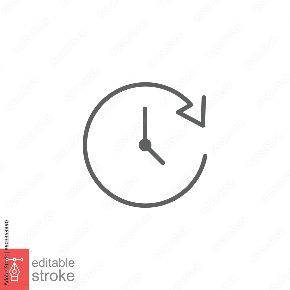 Time icon. Simple outline style. Timer, long, hour, period, clockwise with arrow, counter, deadline concept. Thin line symbol. Vector illustration isolated on white background. Editable stroke EPS 10. Time icon. Simple outline style. Timer, long, hour, period, clockwise with arrow, counter, deadline concept. Thin line symbol. Vector illustration isolated on white background. Editable stroke EPS 10.