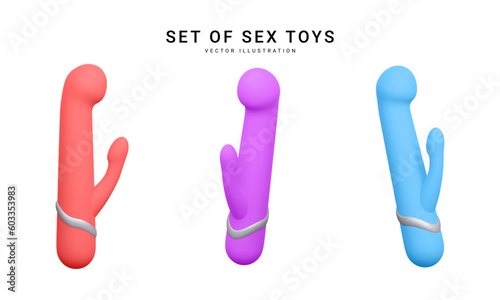 Set of 3d realistic double headed dildos vibrator isolated on white background. Sex toys for sex shop. Vector illustration
