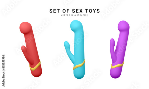 Set of 3d realistic double headed dildos vibrator isolated on white background. Sex toys for sex shop. Vector illustration