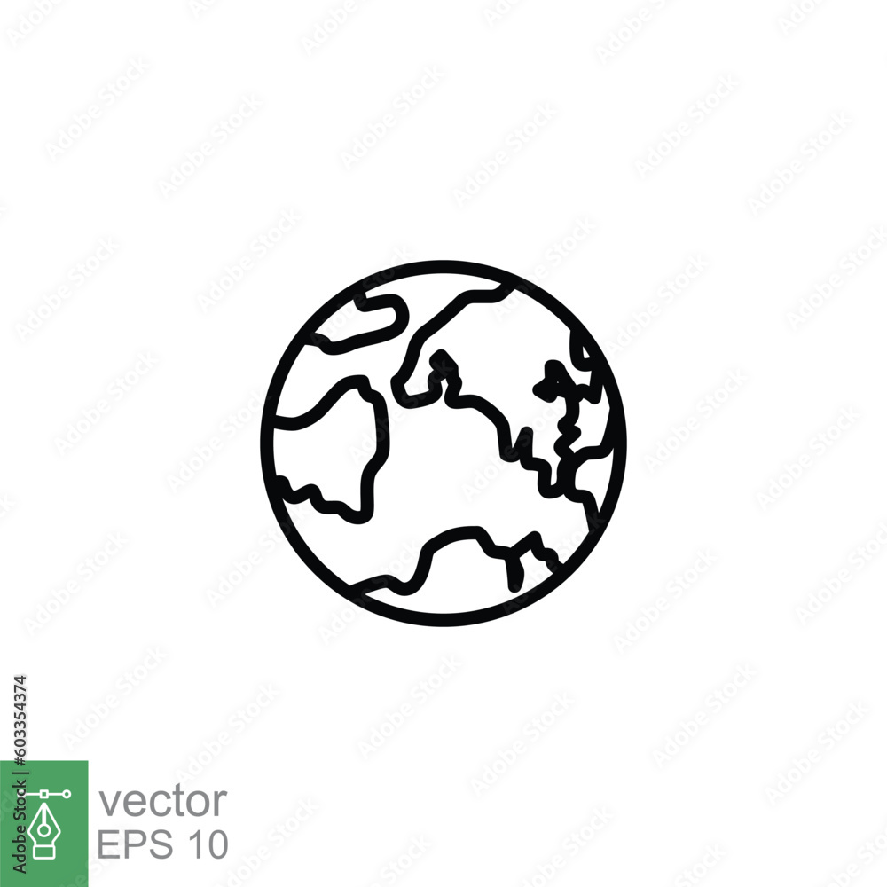 World planet icon. Simple outline style. Globe, earth, map, pictogram, web, geography concept. Thin line symbol. Vector illustration isolated on white background. EPS 10. World planet icon. Simple outline style. Globe, earth, map, pictogram, web, geography concept. Thin line symbol. Vector illustration isolated on white background. EPS 10.