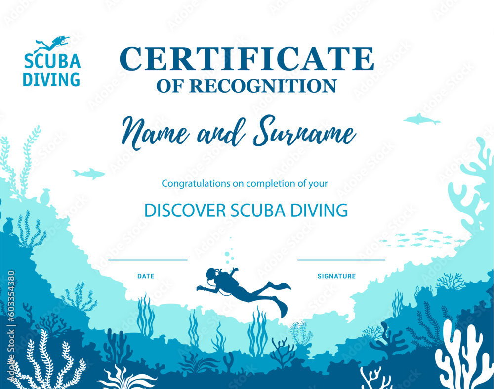 Diver certificate, diving club diploma template. Diving sport competition winning diploma, profession graduation or qualification achievement vector certificate with seaweed silhouette on ocean bottom - obrazy, fototapety, plakaty 